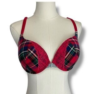 Victoria’s Secret Bra 38 C Red Tartan‎ Plaid Velvet Straps Front Closure Padded